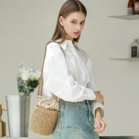Herald Handmade Straw Top Handle Satchel Handbag for Women, Chic Woven Drawstring Bucket Crossbody Shoulder Purse (Brown) - Image 5