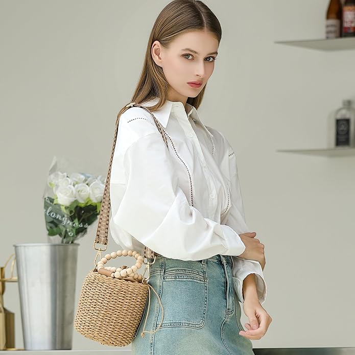 Herald Handmade Straw Top Handle Satchel Handbag for Women, Chic Woven Drawstring Bucket Crossbody Shoulder Purse (Brown) - Image 5