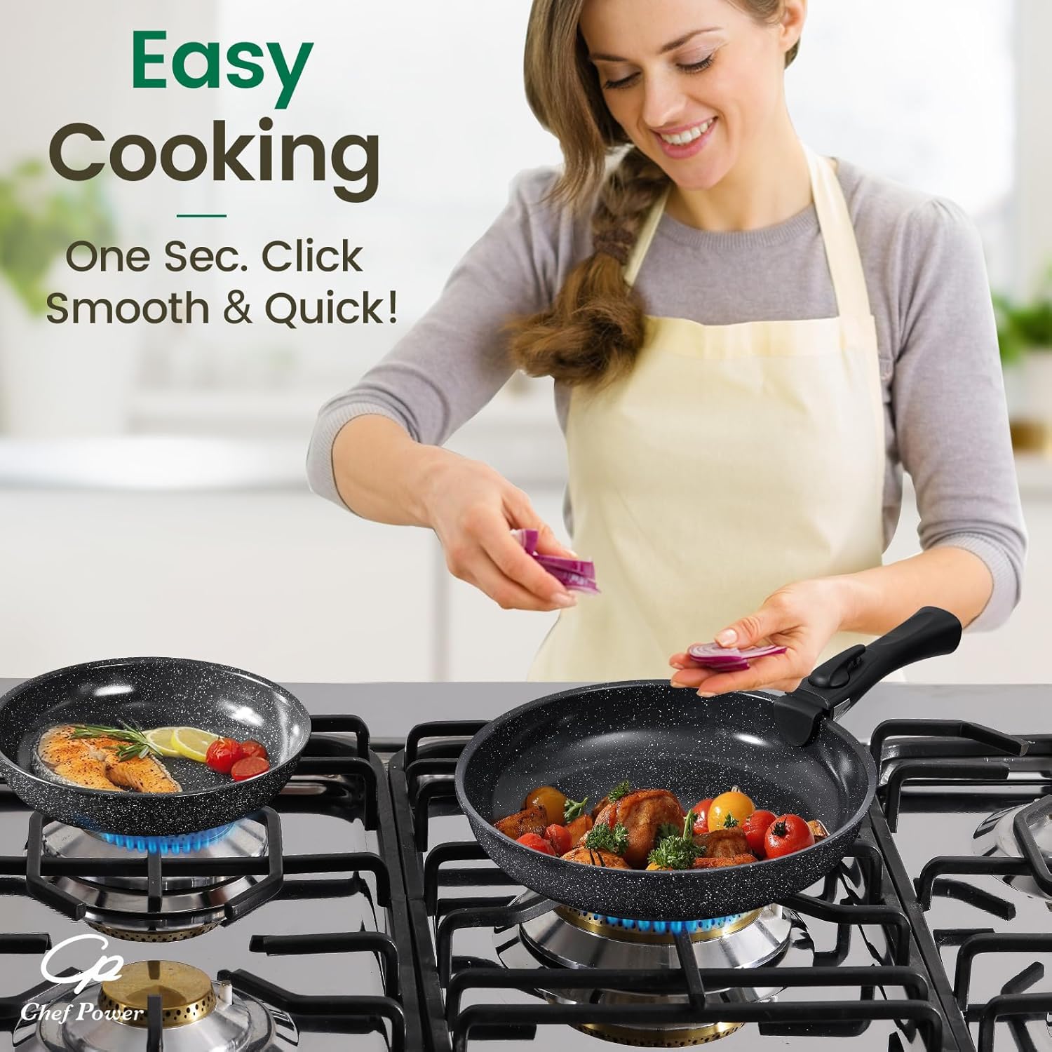 Chef Power Ceramic Nonstick Cookware Set 19 Piece with Detachable Handle, Induction Dishwasher Oven Safe Pans and Pots Set, RV Kitchen Set Removable Handle, Rock Stone Black - Image 2