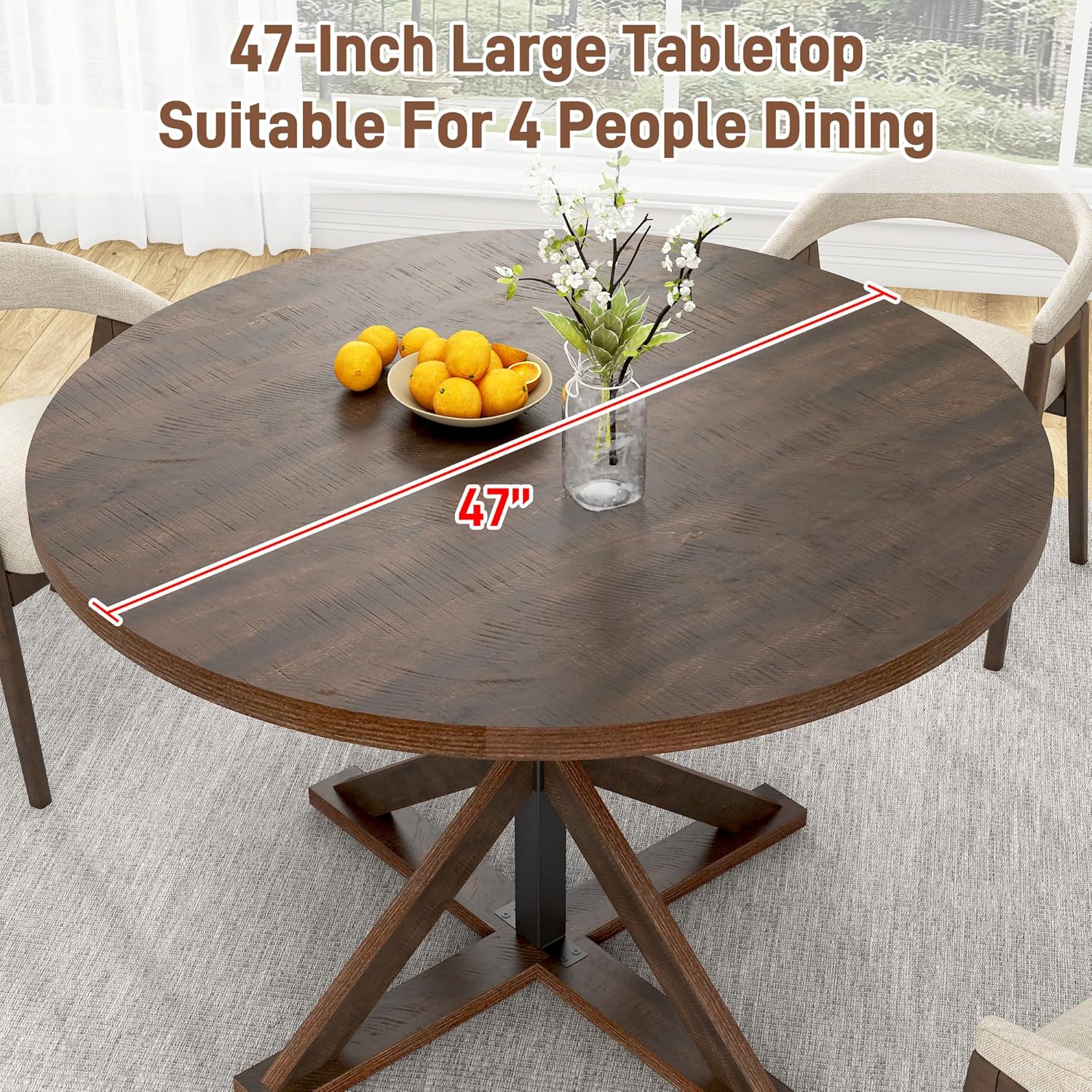 Round Wood Dining Table for Kitchen,Dining Room,Living Room,Farmhouse Dinner Tables W/Thickened Brown Wooden Waterproof Tabletop for 4 People,47 inch Rustic Kitchen Table W/Metal Support - Image 5