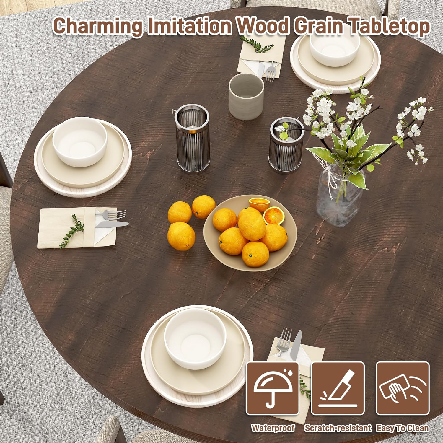 Round Wood Dining Table for Kitchen,Dining Room,Living Room,Farmhouse Dinner Tables W/Thickened Brown Wooden Waterproof Tabletop for 4 People,47 inch Rustic Kitchen Table W/Metal Support - Image 3