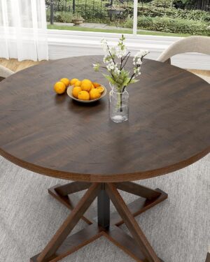 Round Wood Dining Table for Kitchen,Dining Room,Living Room,Farmhouse Dinner Tables W/Thickened Brown Wooden Waterproof Tabletop for 4 People,47 inch Rustic Kitchen Table W/Metal Support