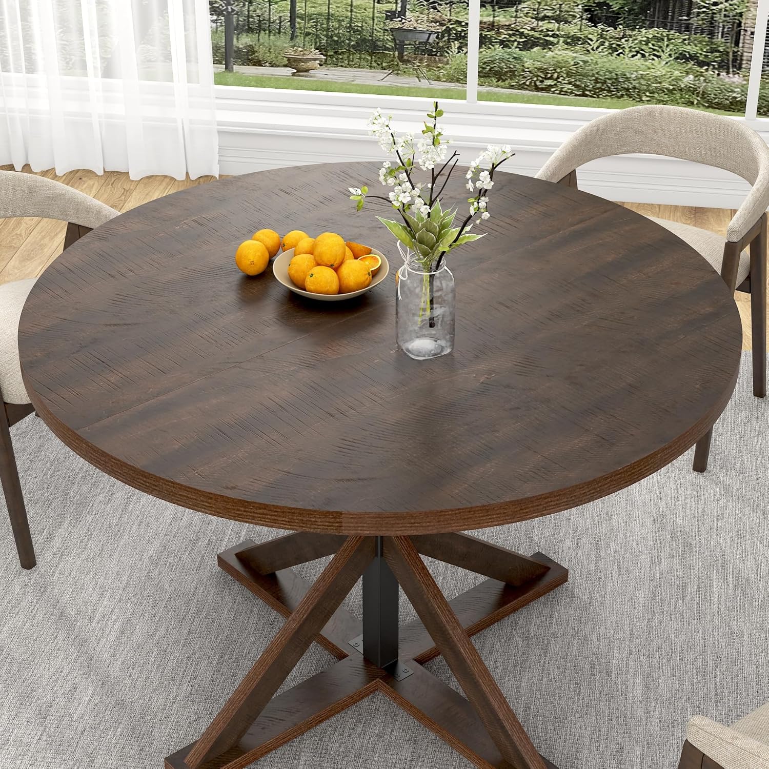 Round Wood Dining Table for Kitchen,Dining Room,Living Room,Farmhouse Dinner Tables W/Thickened Brown Wooden Waterproof Tabletop for 4 People,47 inch Rustic Kitchen Table W/Metal Support