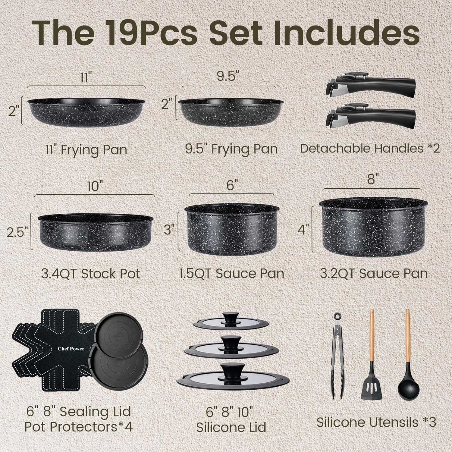 Chef Power Ceramic Nonstick Cookware Set 19 Piece with Detachable Handle, Induction Dishwasher Oven Safe Pans and Pots Set, RV Kitchen Set Removable Handle, Rock Stone Black - Image 7