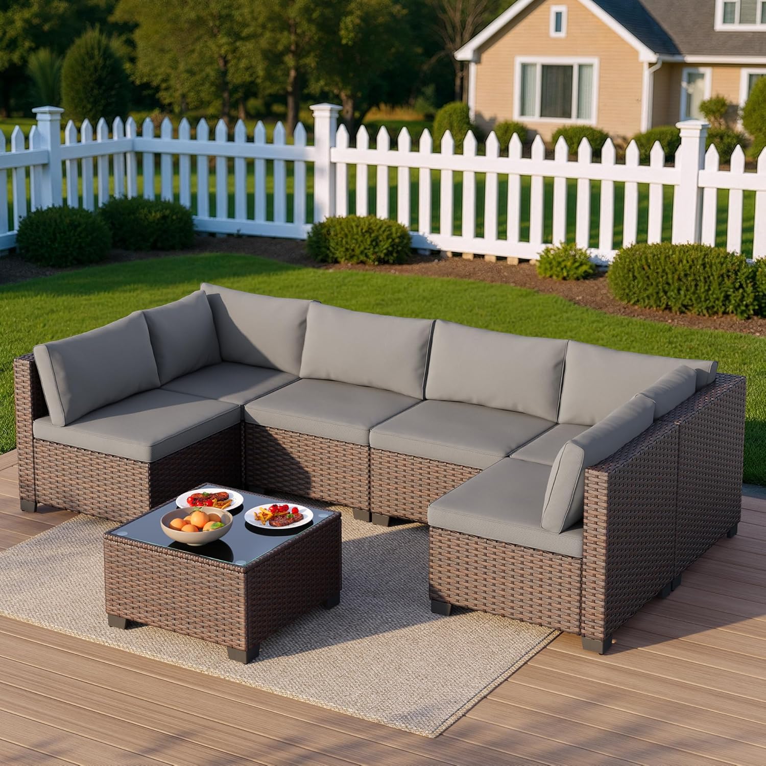 7 Pieces Outdoor Patio Furniture Set, PE Rattan Outdoor Wicker Sectional Furniture Sofa Set, with Cushions and Glass Coffee Table, for Balcony, Porch, Garden, Grey - Image 7