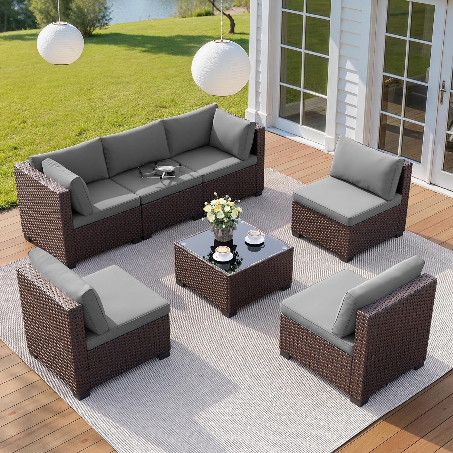 7 Pieces Outdoor Patio Furniture Set, PE Rattan Outdoor Wicker Sectional Furniture Sofa Set, with Cushions and Glass Coffee Table, for Balcony, Porch, Garden, Grey - Image 5
