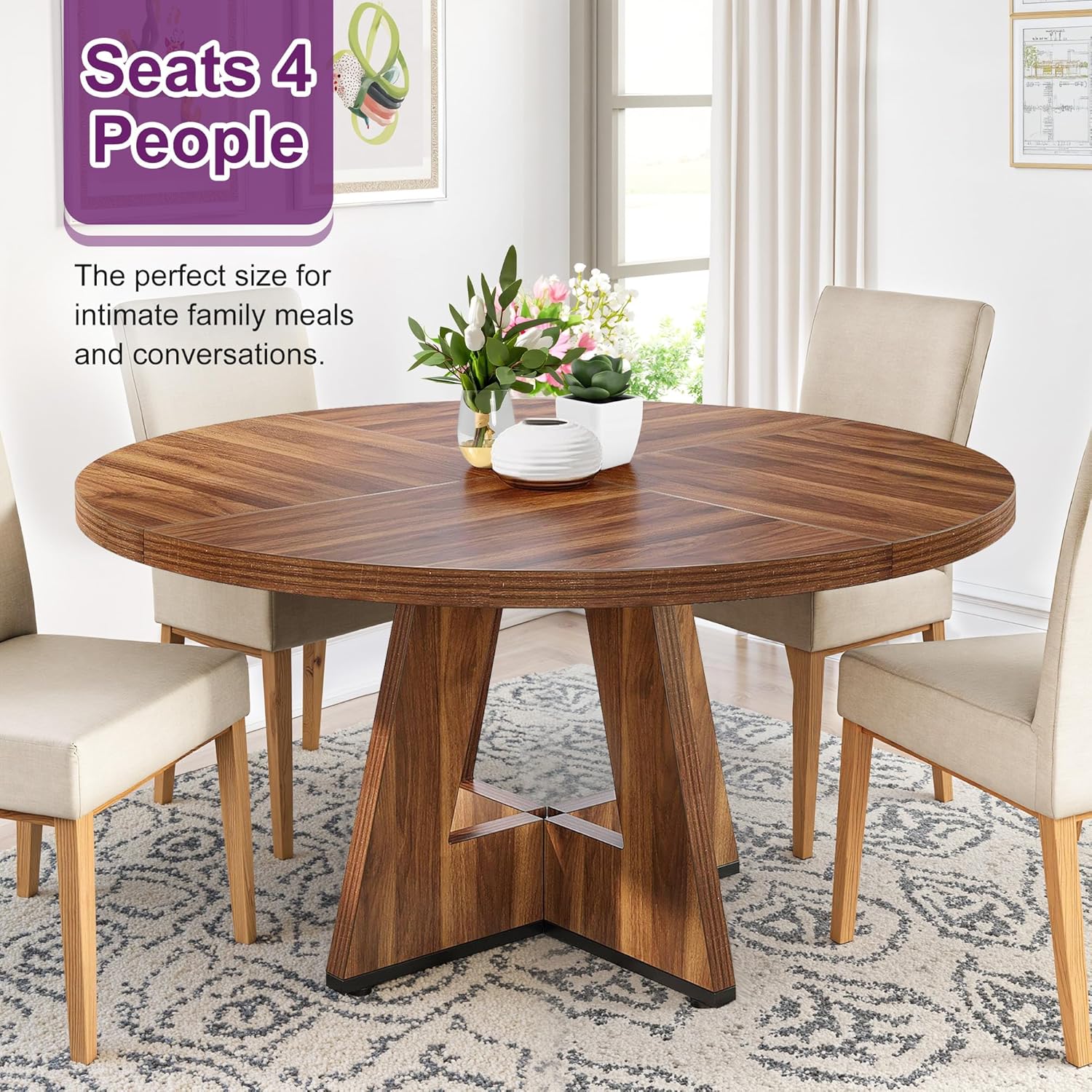 Round Dining Table for 4, 47" Wooden Kitchen Dinner Table Rustic, Farmhouse Table for Dining Room, Living Room, Brown - Image 2