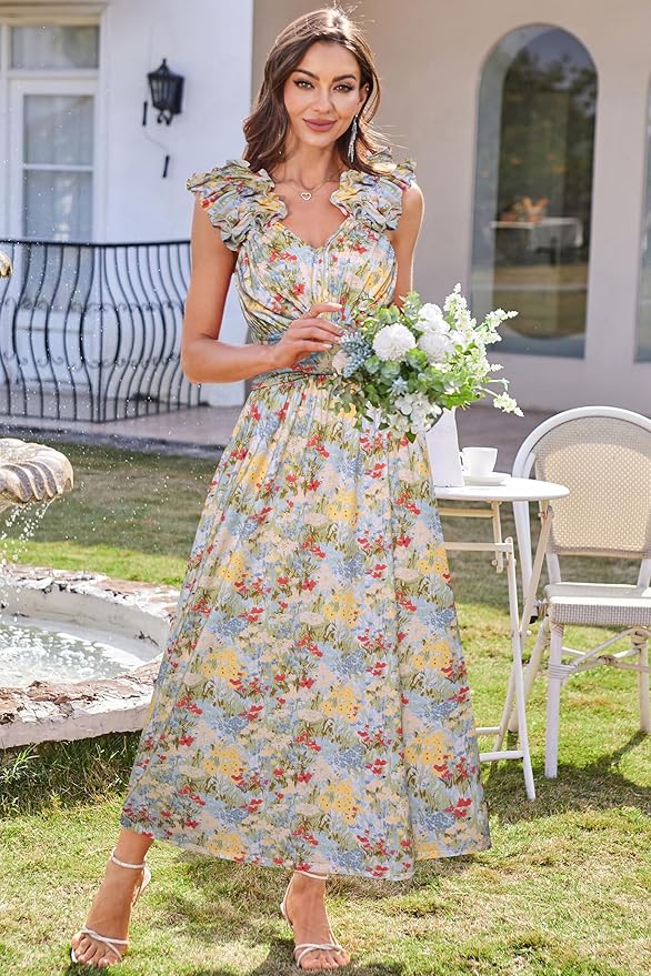 GRACE KARIN 2025 Women's Summer Floral Print Dress Sleeveless Casual Flowy Sundress A Line Ruffle Wedding Guest Outfit - Image 4