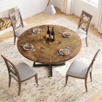 Round Dining Table, 47 Inch Round Dinner Table for 4, Industrial Kitchen Table with Wooden Top and Metal Base for Home Dining Room or Living Room - Rustic Brown(Only Table) - Image 6