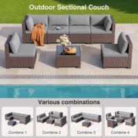 7 Pieces Outdoor Patio Furniture Set, PE Rattan Outdoor Wicker Sectional Furniture Sofa Set, with Cushions and Glass Coffee Table, for Balcony, Porch, Garden, Grey - Image 6