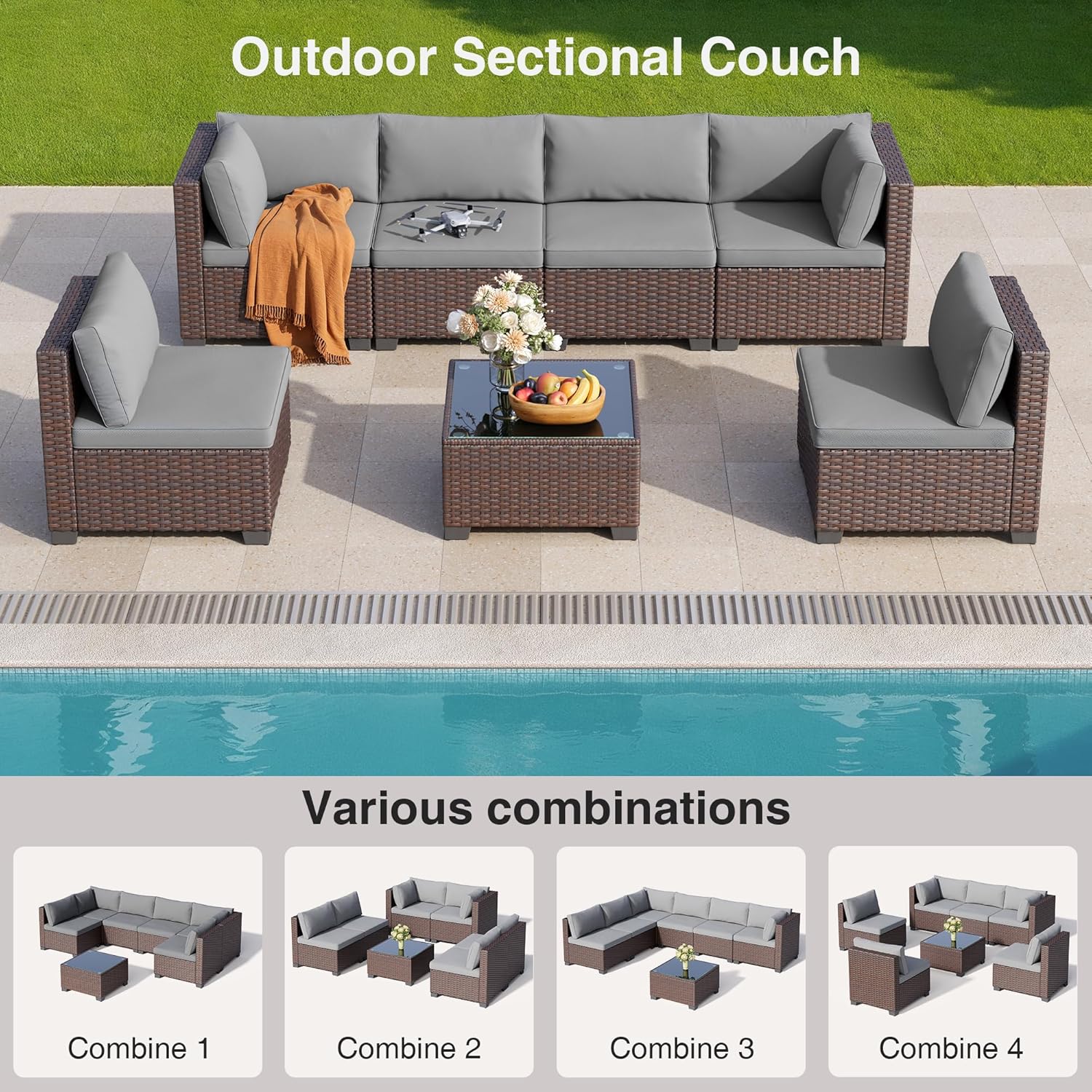 7 Pieces Outdoor Patio Furniture Set, PE Rattan Outdoor Wicker Sectional Furniture Sofa Set, with Cushions and Glass Coffee Table, for Balcony, Porch, Garden, Grey - Image 6
