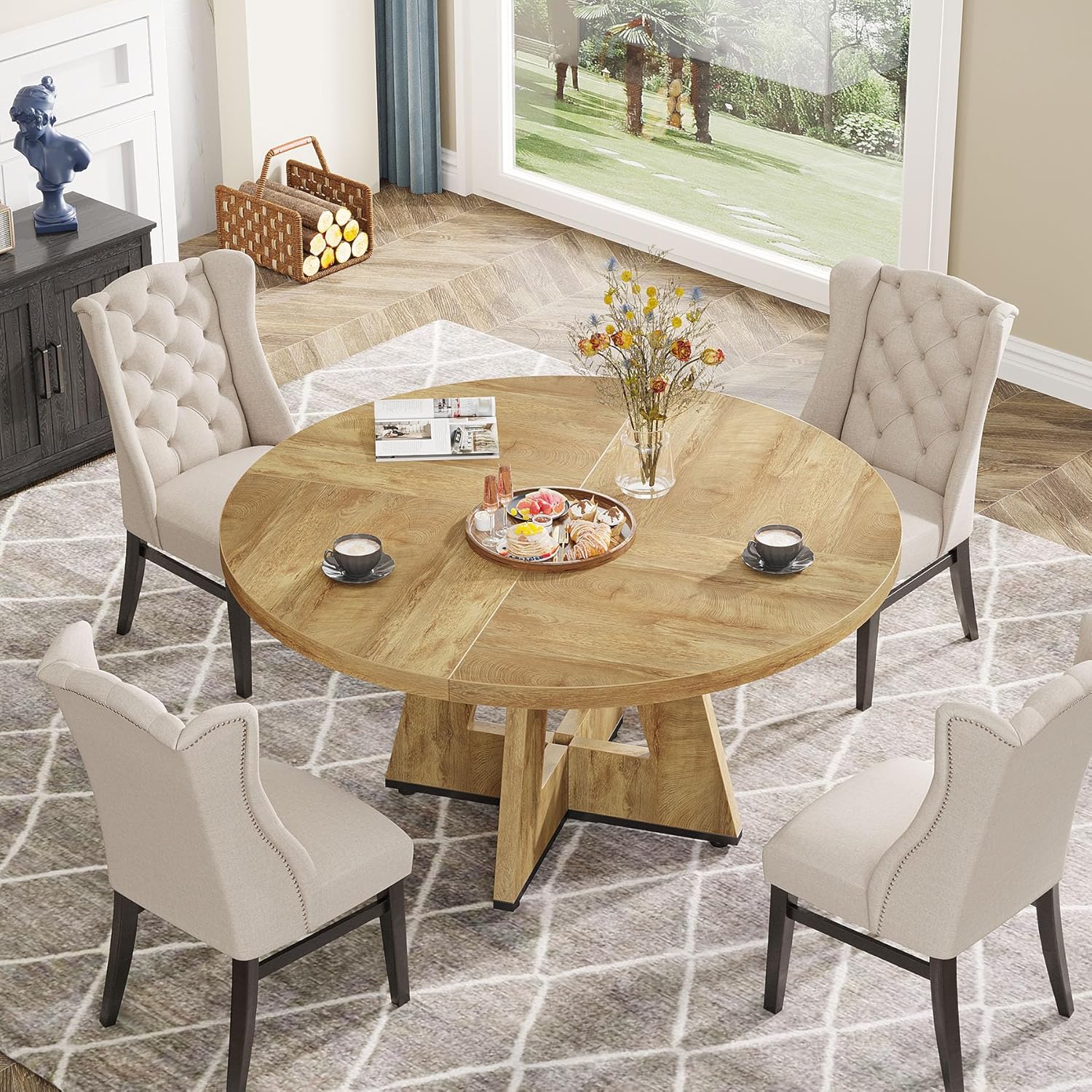 Tribesigns Farmhouse Dining Table, 47 Inch Round Dinner Table for 4 (Natural) - Image 4