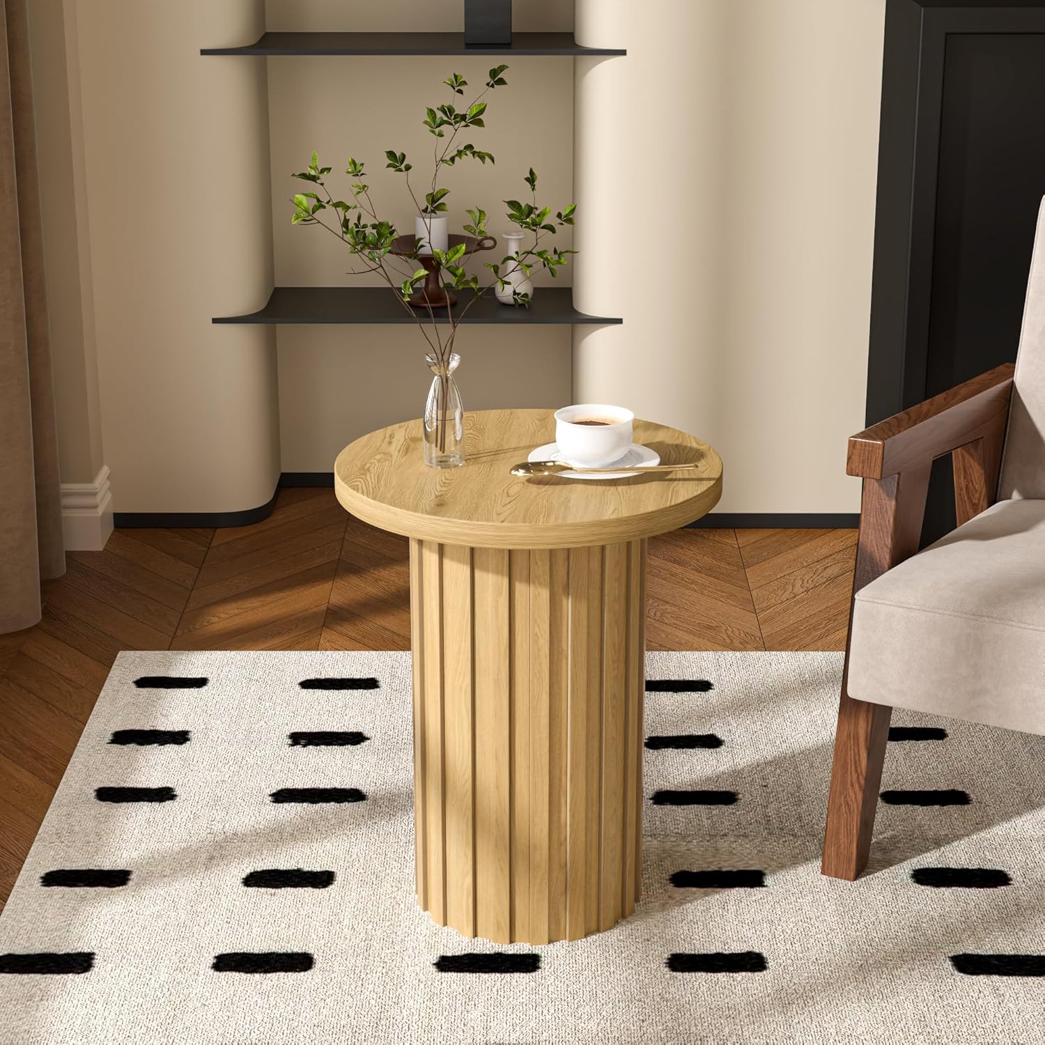 Farmhouse Pedestal End Table Round Side Table with Fluted Panel Rustic Drink Table for Small Space Living Room (Wood Color) - Image 2