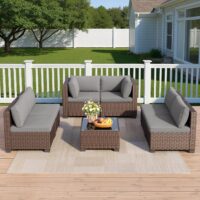7 Pieces Outdoor Patio Furniture Set, PE Rattan Outdoor Wicker Sectional Furniture Sofa Set, with Cushions and Glass Coffee Table, for Balcony, Porch, Garden, Grey - Image 3