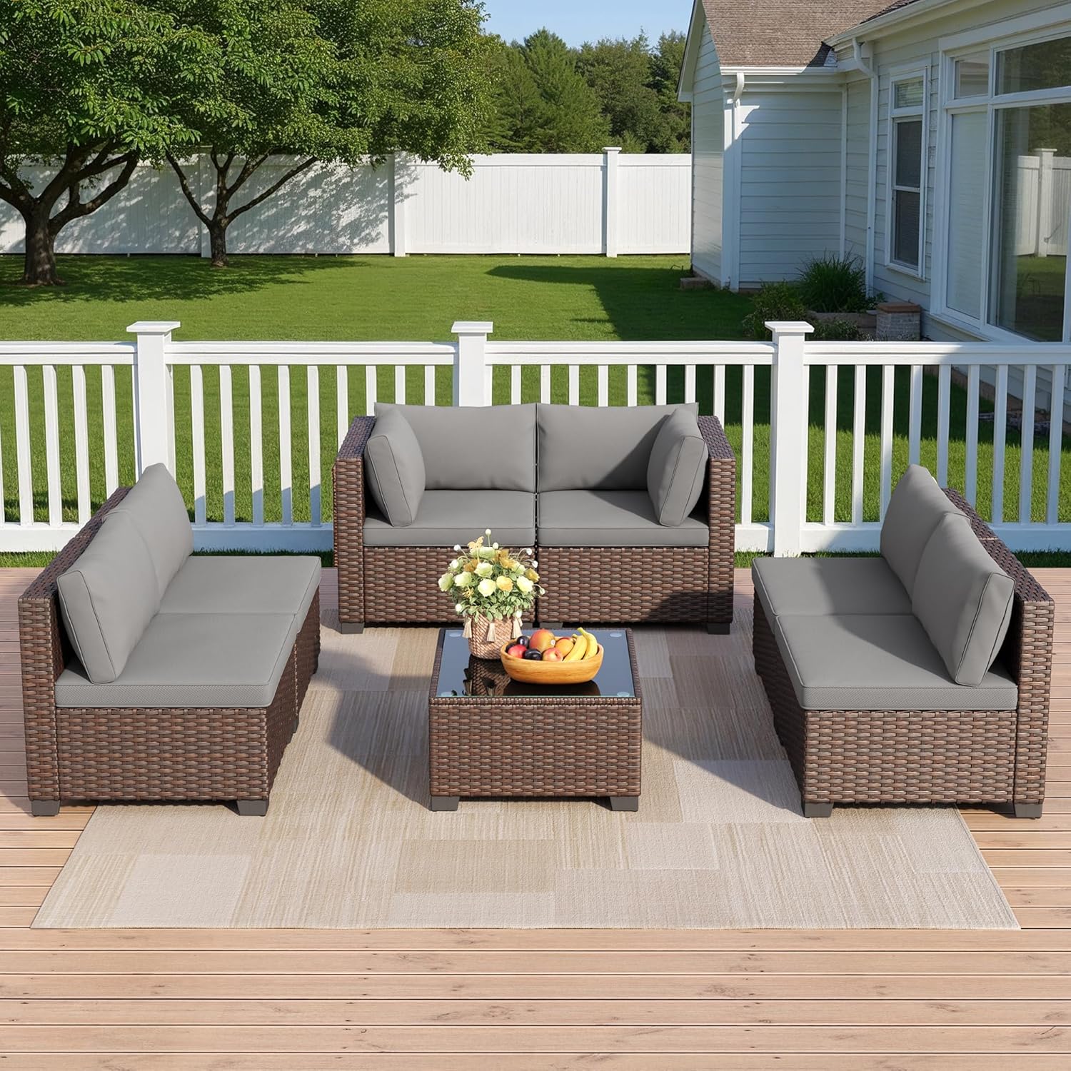 7 Pieces Outdoor Patio Furniture Set, PE Rattan Outdoor Wicker Sectional Furniture Sofa Set, with Cushions and Glass Coffee Table, for Balcony, Porch, Garden, Grey - Image 3