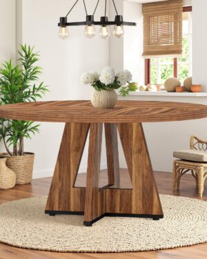 Round Dining Table for 4, 47" Wooden Kitchen Dinner Table Rustic, Farmhouse Table for Dining Room, Living Room, Brown