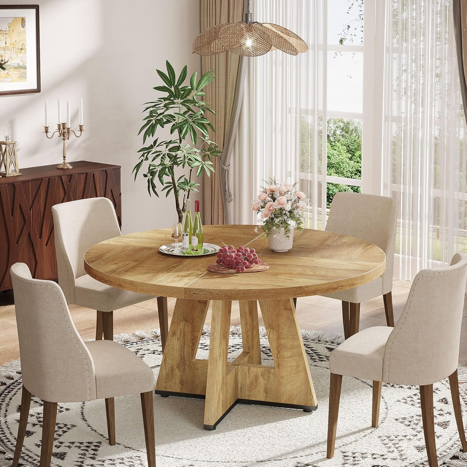 Tribesigns Farmhouse Dining Table, 47 Inch Round Dinner Table for 4 (Natural)