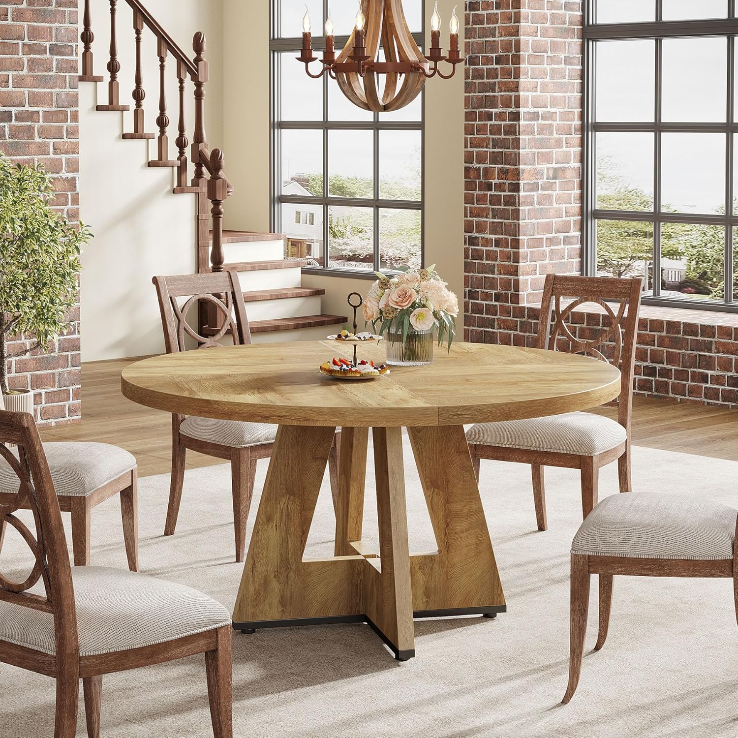 Tribesigns Farmhouse Dining Table, 47 Inch Round Dinner Table for 4 (Natural) - Image 3