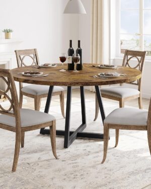 Round Dining Table, 47 Inch Round Dinner Table for 4, Industrial Kitchen Table with Wooden Top and Metal Base for Home Dining Room or Living Room - Rustic Brown(Only Table)