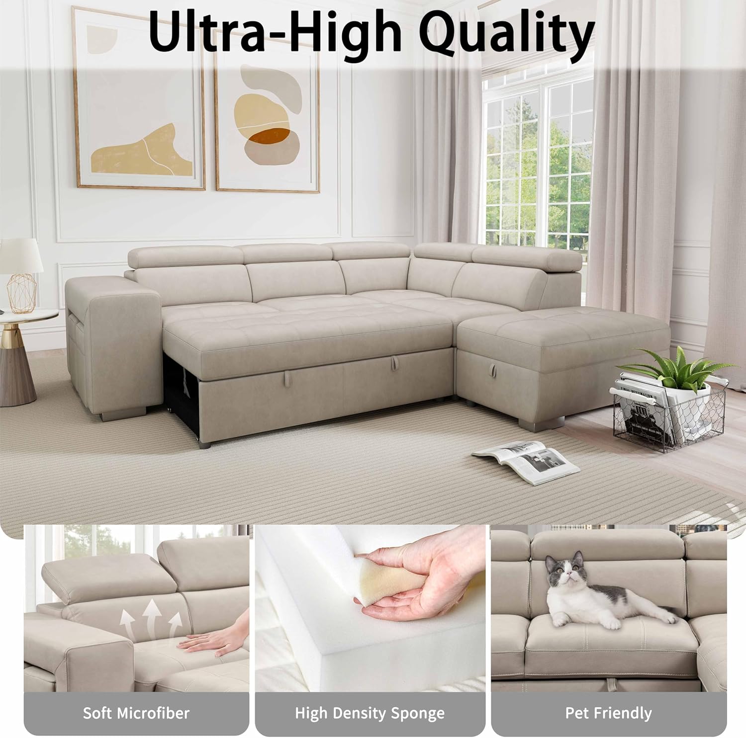 THSUPER 104'' Microfiber L Shaped Sectional Sleeper Sofa Couch with Pull Out Bed and Storage Ottoman, Convertible Couches with Adjustable Headrest... - Image 6