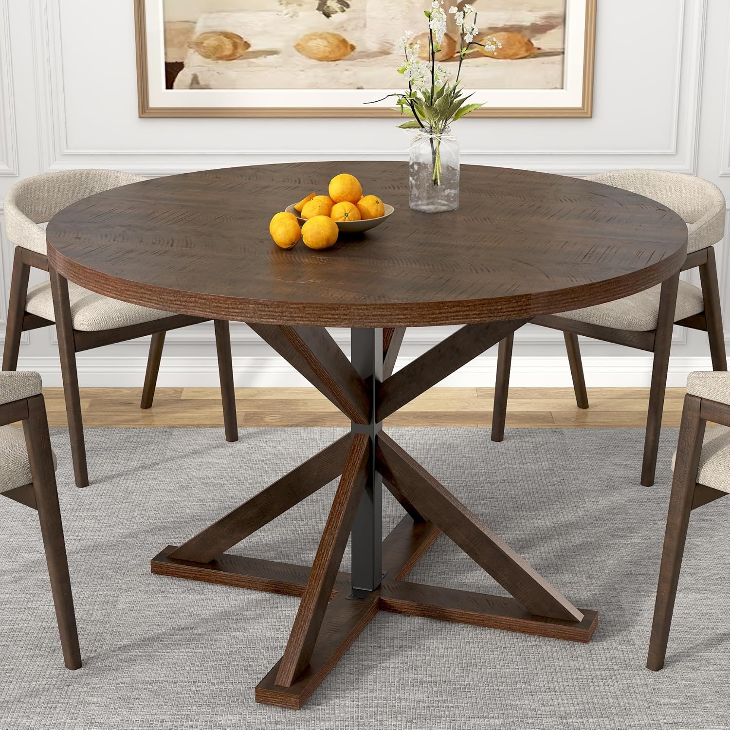 Round Wood Dining Table for Kitchen,Dining Room,Living Room,Farmhouse Dinner Tables W/Thickened Brown Wooden Waterproof Tabletop for 4 People,47 inch Rustic Kitchen Table W/Metal Support - Image 2