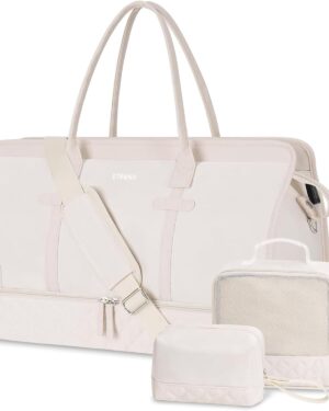 ETRONIK Weekender Overnight Bags for Women, Large Travel Duffle Bags with Shoe Compartment & Wet Pocket, Carry On Tote Bag Gym Duffel Bag with Toiletry Bags for Hospital 3 Pcs Set, Large Size, Beige