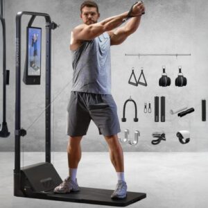 Speediance Home Gym smart AI fitness machine with digital barbell set, leg press exercises, and built-in rowing system for home workouts.