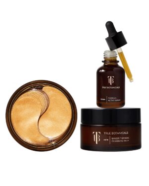 True Botanicals Collagen Boosting Essentials Set |Increase Hydration, Treat Fine Lines & Wrinkles | Contains Ginger Turmeric Cleansing Balm, Chebula Active Serum, & Chebula MultiCorrective Eye Patches
