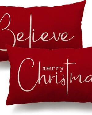 “Set of 2 Christmas Throw Pillow Covers 12x20 Inch with Merry Christmas design, perfect for farmhouse Christmas decor and cozy holiday home styling.