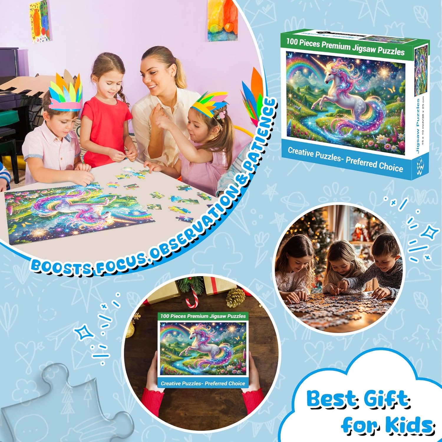 100 Piece Puzzles Rainbow Unicorn Puzzle for Kids Ages 4-8 8-10, 100 Piece Jigsaw Puzzle for Adults Toddler Children Learning Educational Puzzles Toys Birthday Gifts for Girls Boys - Image 3
