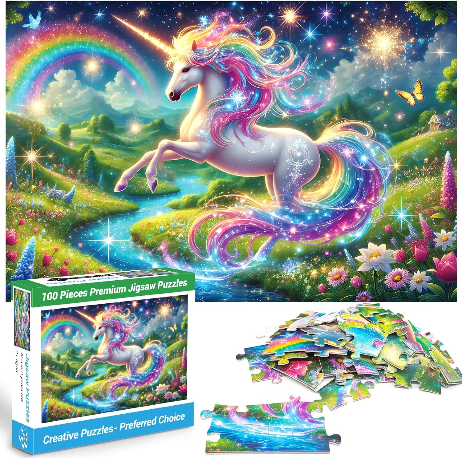 100 Piece Puzzles Rainbow Unicorn Puzzle for Kids Ages 4-8 8-10, 100 Piece Jigsaw Puzzle for Adults Toddler Children Learning Educational Puzzles Toys Birthday Gifts for Girls Boys