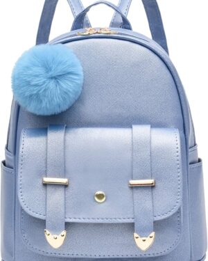 Pink PU leather mini backpack with pompom accent and gold-tone hardware, featuring a front flap with heart-shaped clasps and a compact, stylish design.