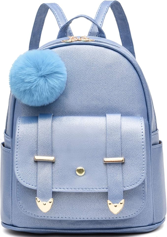 Pink PU leather mini backpack with pompom accent and gold-tone hardware, featuring a front flap with heart-shaped clasps and a compact, stylish design.