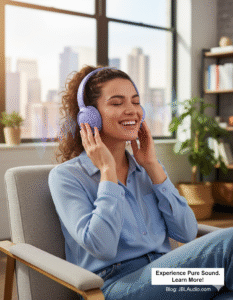 A smiling model wearing JBL Tune 520BT wireless headphones, enjoying high-quality audio in a bright and modern setting.