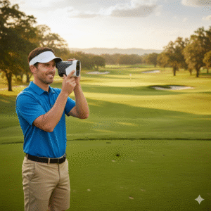 U.S. golfer using the Garmin Approach Z82 Golf GPS Laser Range Finder on a sunny golf course, showcasing the device’s accuracy and sleek design while aiming toward the flag.