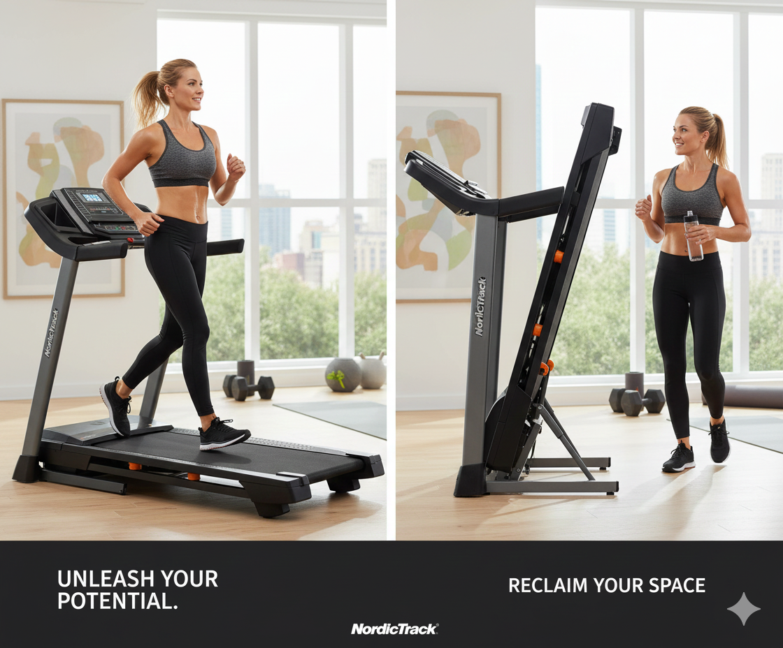 NordicTrack T 6.5 S treadmill in a modern home gym, featuring a compact design and easy-to-use console.