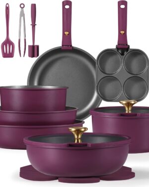 CAROTE 21pcs Pots and Pans Set, Nonstick Cookware Set Detachable Handle, Induction Kitchen Cookware Sets Non Stick with Removable Handle, RV Cookware Set, Gold and Purple