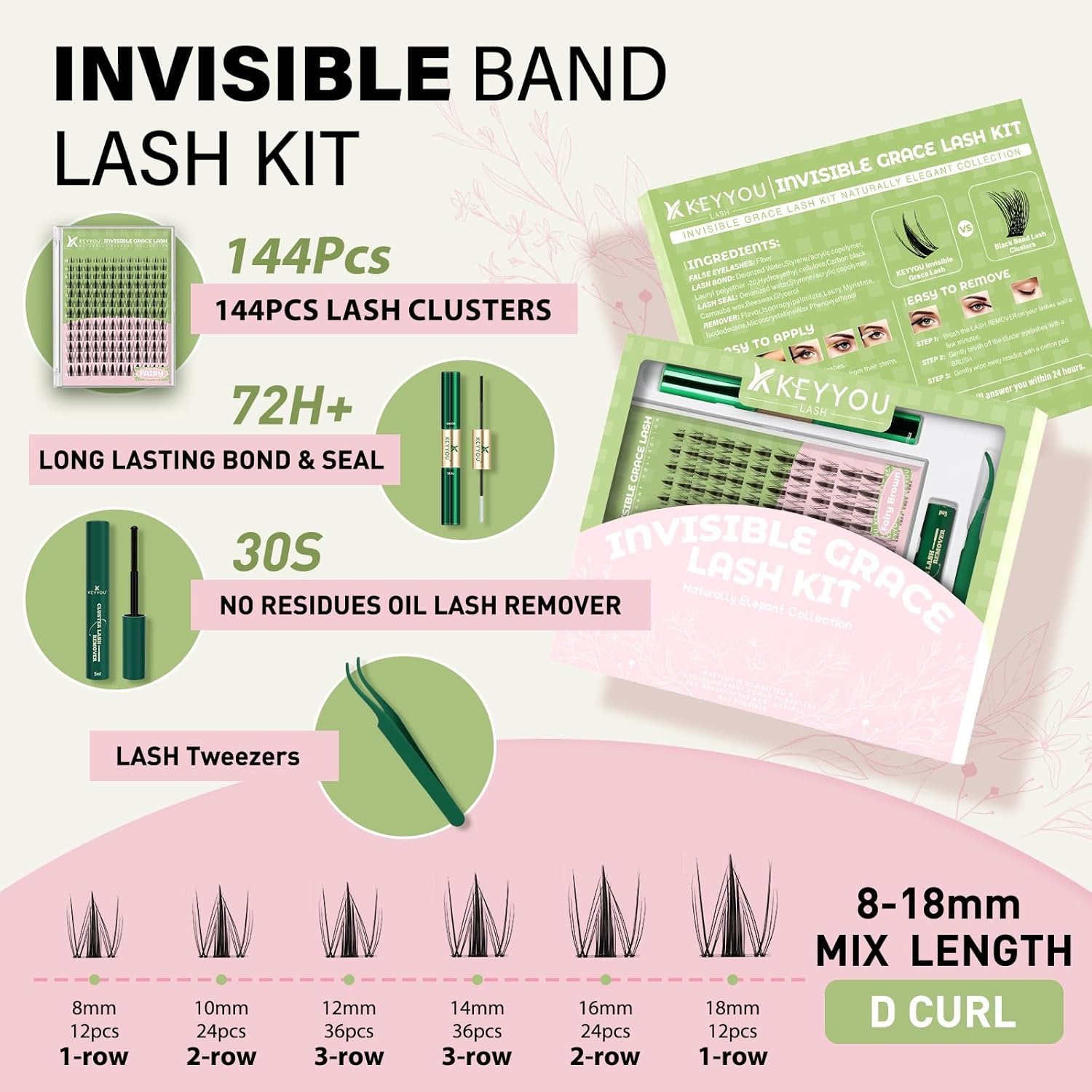 KEYYOU Fairy Lash Clusters Kit, Manga Eyelash Extension Kit at Home, 144pcs D Curl Wispy Natural Invisible Band Lash with Waterproof Lash Extensions Kit (Fairy-D-8-18MIX) - Image 5