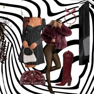 Model wearing a stylish faux fur coat paired with trendy cowboy boots for a warm and fashionable winter outfit.