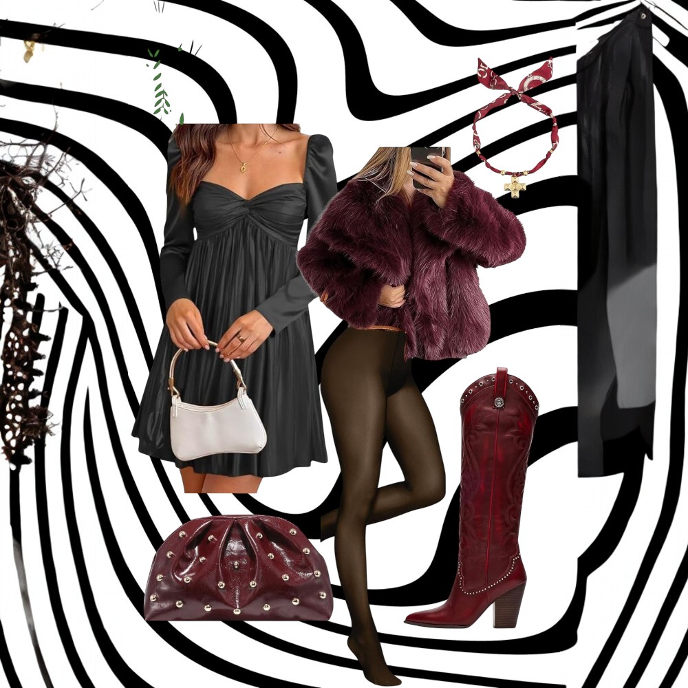 Model wearing a stylish faux fur coat paired with trendy cowboy boots for a warm and fashionable winter outfit.