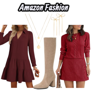 Cozy fall sweaters and chic dresses styled for a warm and fashionable autumn look.