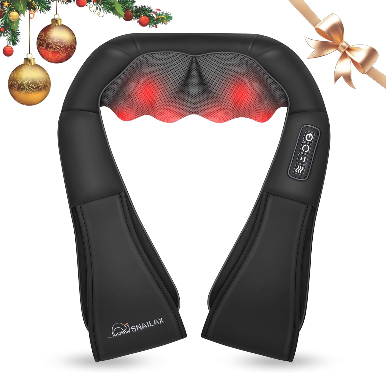 Snailax Shiatsu neck and shoulder massager with heat providing deep kneading massage for back, shoulders, and body relaxation.