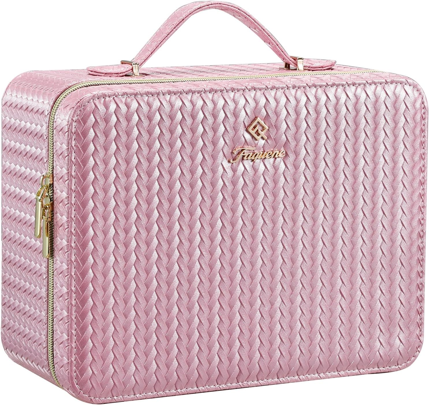 Portable makeup organizer with lighted mirror and adjustable lighting, featuring spacious storage for cosmetics and jewelry