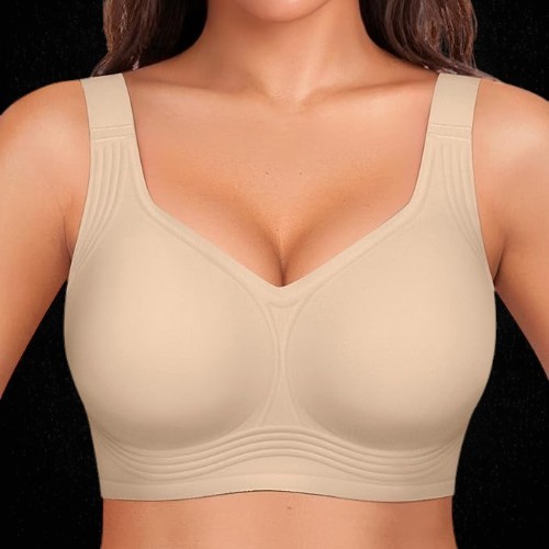 Woman wearing OEAK Womens Wireless Jelly Bra showing full coverage seamless fit and supportive plus size design.
