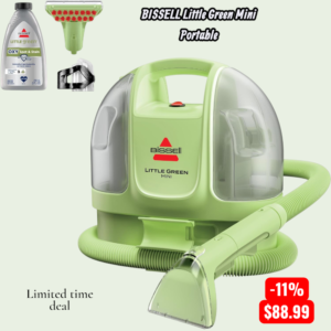 BISSELL Little Green Mini Portable Carpet and Upholstery Cleaner removing stains from car seats and fabric surfaces