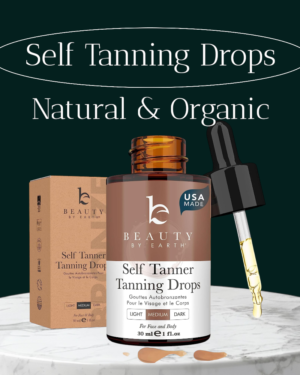 Self tanning drops made in the USA with natural and organic ingredients mixed into lotion for a medium, natural-looking glow on face and body.