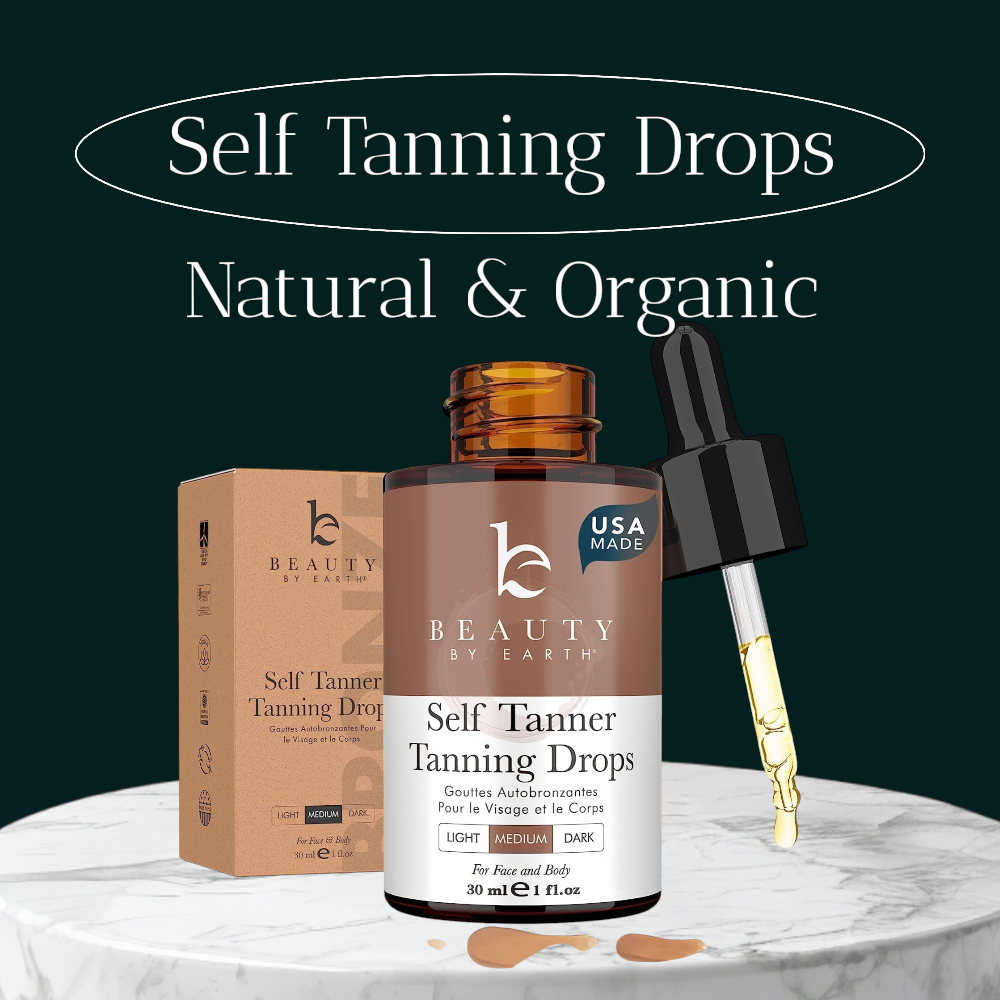Self tanning drops made in the USA with natural and organic ingredients mixed into lotion for a medium, natural-looking glow on face and body.