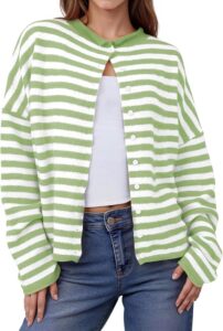 Women wearing a lightweight striped button-up cardigan sweater with long sleeves for fall and winter casual wear