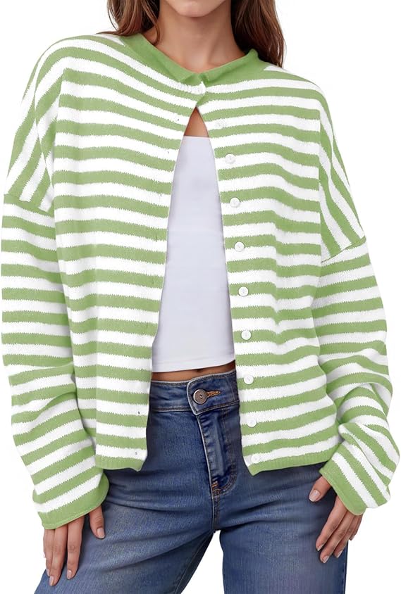 Women wearing a lightweight striped button-up cardigan sweater with long sleeves for fall and winter casual wear