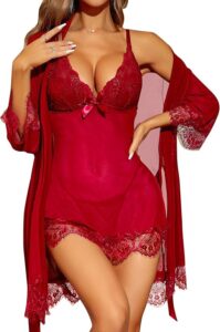 Kiran Shahneel modeling the RSLOVE 3-piece mesh babydoll lingerie set with a lace kimono robe in a soft pink color.